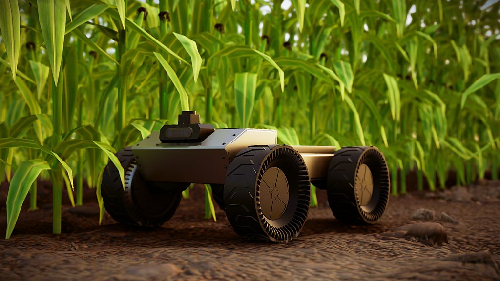 The Field Sense prototype, a compact four-wheeled ground vehicle, on open ground