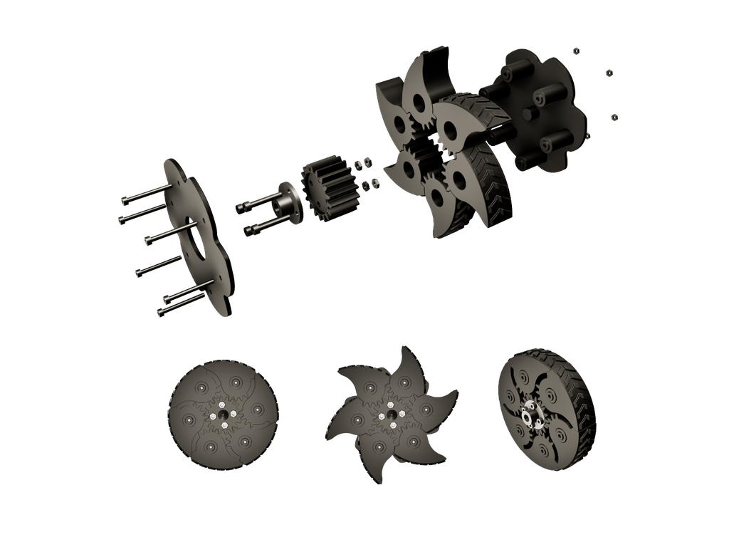 An exploded view of the deployable claw wheel, showing the printed parts and the motor connection